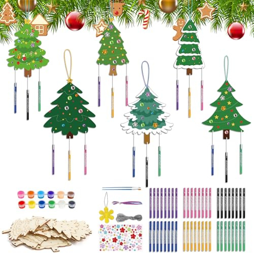 Windspiel Bastelset Kinder,6 Stk Weihnachtsbaum Windspiel Basteln,DIY Bastelset Weihnachten kinder Holz zum Bemalen Weihnachtsdeko Basteln kinders für Jungen Mädchen Geschenk Weihnachten Partydeko