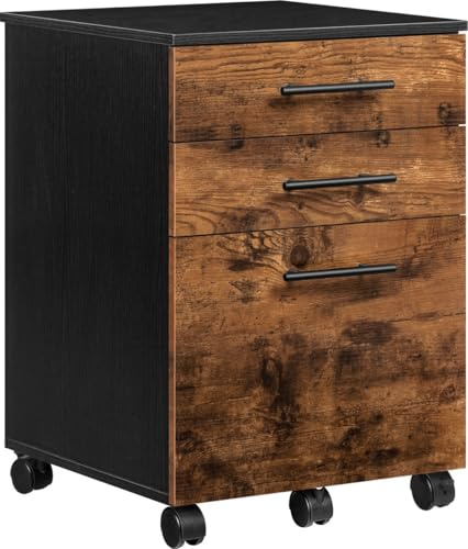 Rollcontainer mit 3 Schubladen, Aktenschrank auf Rollen für Büro & Home Office (Rustik Braun)