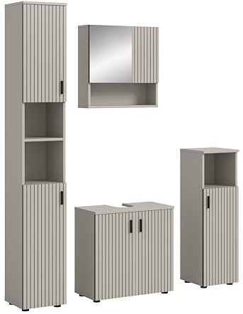 xonox.home – Badkombination Mone 150x192x30 cm in Kaschmir Nachbildung – 4-teiliges Set mit 2 Badschränken, Unterschrank & Spiegelschrank – Umfassender Stauraum, geradlinig & hochwertig verarbeitet