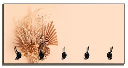 Wallario Wandgarderobe aus Holz in Größe 80 x 40 cm in Premium-Qualität, Motiv: Trockenblumenarrangement | 5 Kleiderhaken zum Aufhängen