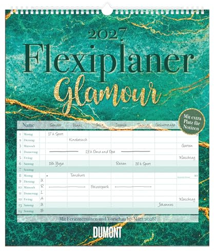 Flexiplaner Glamour 2027: Familienplaner 34,5x40 cm mit 7 Spalten, Datumssteckern, Platz für Notizen, Schulferien & Mondphasen, ideal für Haushalt, Familie & Büro