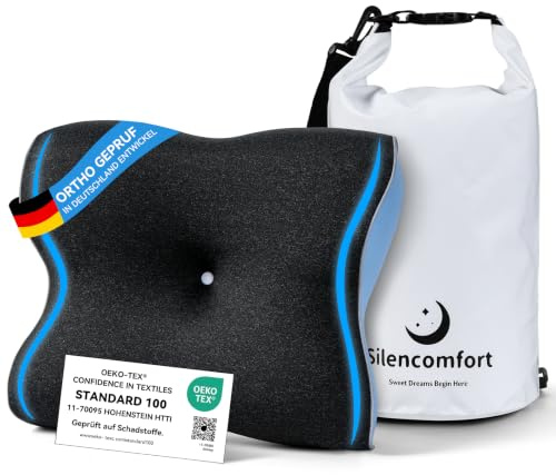 Silencomfort Reisekissen Memory Foam, Ergonomisches Campingkissen mit kühlendem Bezug, Nackenkissen für Camping, Wohnmobil, Zelt, Outdoor und Geschäftsreisen