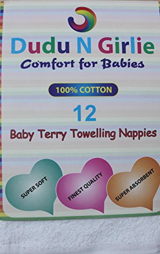 Soft Baby Terry Towelling Nappies-Diapers 100% Ring Spun Cotton Supreme Quality | Burp Cloths Baby Essentials for Newborn Reusable Wipes | Baby Wash Cloth 60x60cm Pack of 12, White.