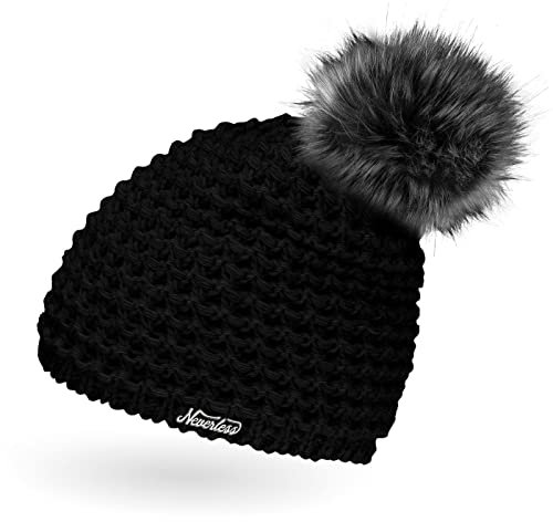 Neverless Damen Strickmütze mit Fell-Bommel und Fleece gefüttert, Kunstfell, Winter-Mütze, Bommelmütze, schwarz Unisize