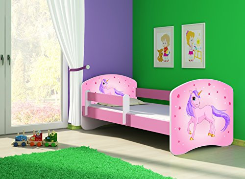 CLAMARO 'Fantasia Pink' 140 x 70 Kinderbett Set inkl. Matratze und Lattenrost, mit verstellbarem Rausfallschutz und Kantenschutzleisten, Design: 17 Einhorn