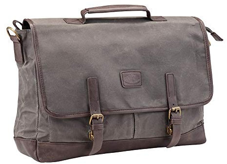 Pride and Soul 47303 Aktentasche Vegas, Laptoptasche für Notebooks bis zu 15 Zoll, Umhängetasche aus Canvas Lederimitat, Businesstasche, Umhängegurt, Tragegriff, grau - braun, ca. 32 x 42 x 13 cm