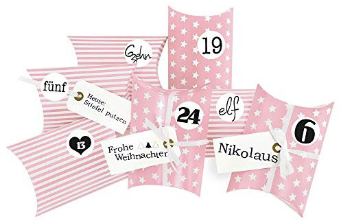 Frau WUNDERVoll® DIY Adventskalender zum Befüllen Christkind: Set 185, Kissenschachteln 15x11x4,5cm rosa Sterne und Streifen, Ziffern schwarz-weiß