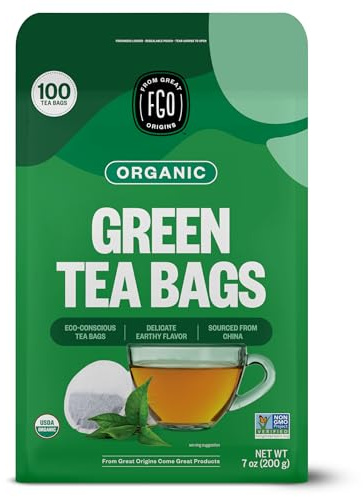 FGO Organic Green Tea, 100 Count Eco-Conscious Tea Bags, Caffeinated, Resealable Pouch, Packaging May Vary (Pack of 1)