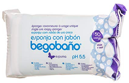 Begobaño Esponja Jabonosa Desechable. Esponja de Baño de Un Solo Uso con Gel Dermatológico e Hipoalergénico. 50 Unidades
