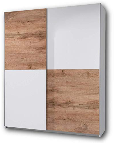 PULS Eleganter Kleiderschrank mit viel Stauraum - Vielseitiger Schwebetürenschrank in Weiß, Schachbrett Wildeiche - 170 x 195 x 58 cm (B/H/T)