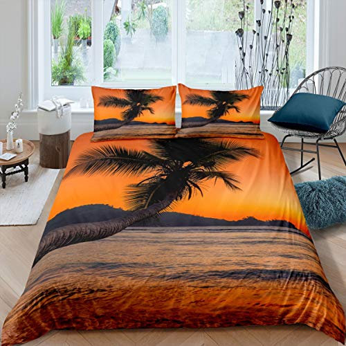 Palm Tree Comforter Cover Set Tropical Beach Bedding Set for Kids Boys Girls Sunset Ocean Duvet Cover Evening View Bedspread Cover Bedroom Collection 2Pcs Single Size