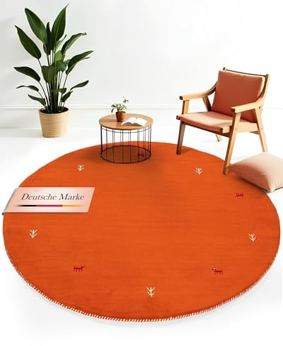carpetfine Wollteppich Gabbeh Uni Rund Orange Ø 120 | Moderner Teppich für Wohn- und Schlafzimmer