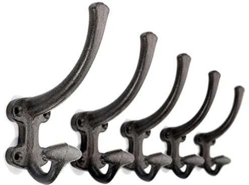 Ambipolar 5-Pack Cast Iron Heavy Duty Double Wall Hooks, Vintage Black Coat Hooks Wall Mounted for Mudroom, Hat Rack, Purse Hooks