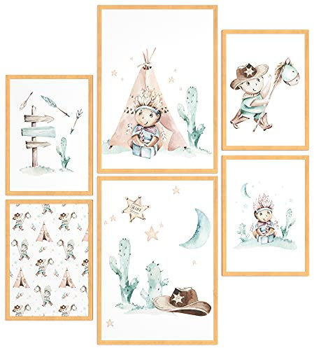 Papierschmiede® Bilder Kinderzimmer Kids Mood Poster Set Cowboys und Indianer, Gerahmte Bilder fürs Kinderzimmer in Natur-Holzrahmen, 2x DIN A3 und 4x DIN A4, Tipi Kaktus Pferd