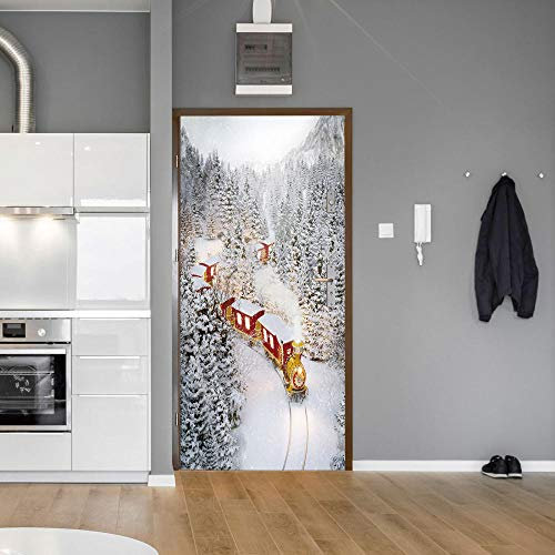 GSKBDQ 3D Türaufkleber Weihnachten Weißer Zug 77X200Cm Türtapete Selbstklebend Türposter - Fototapete 3D Effekt Türfolie Poster Tapete Wandtattoo DIY Selbstklebende Wandbild PVC wasserdichte Tapete