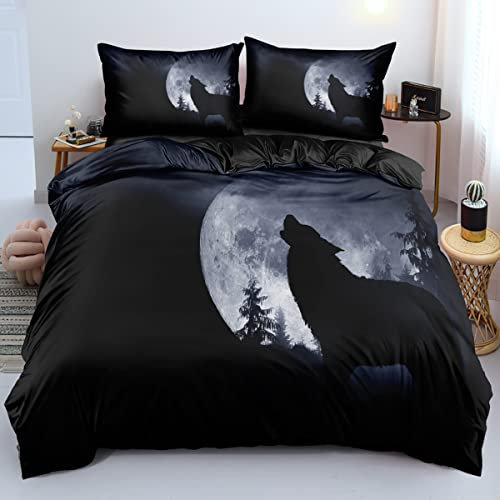 Gezu Bettwäsche 155x220cm Wolf Mond Nachtmotiv Schwarz Weiß Kinder Erwachsene Wende Bettwäsche Set 3D Effekt Druck Microfaser Bettbezug und 2 Kissenbezüge 80x80cm mit Reißverschluss