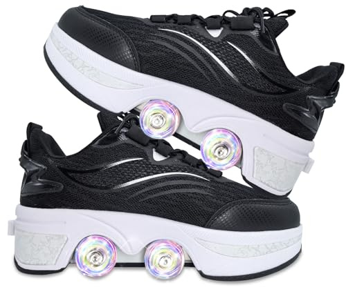Chaussures à roulettes Unisexes Chaussures de Skate et Baskets 2 en 1 Qui se Transforment en Patins à roulettes Cadeau pour Enfants Garçons Filles Hommes et Femmes (Black White, 34)