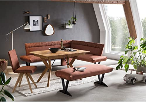 expendio Tischgruppe Esstisch Gerwin 1XL 130(180) x90 cm Eiche rustikal massiv + 2X Bank Gelia 3 + 1x Stuhl Gelia Bezug Kombi Picante, kurzer Schenkel bei Eckbank:rechts