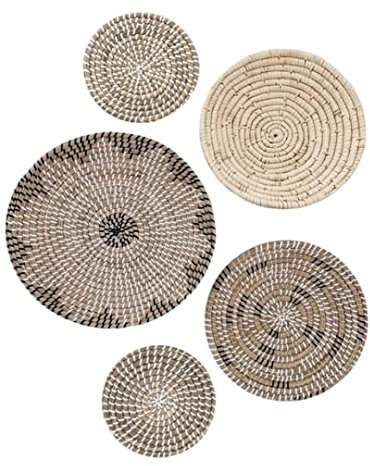 SouiWuzi Gewebte Wandkorb Dekor runde hängende Seegras Flache Körbe Wandkunst für Schlafzimmer 5pcs, hängende gewebte Flache Körbe