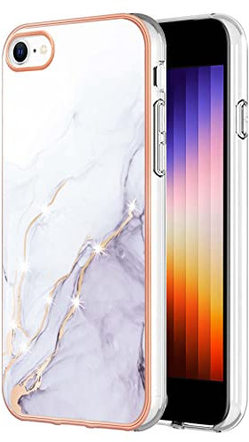 Knoowcase for iPhone SE 2020 Case iPhone 8 Phone Case iPhone SE 2022 Case iPhone 7 Marble Silicone Shockproof Glitter Plated Gold Edges Protective Flexible TPU Skin Bumper Cover Girls Women, White
