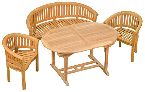 Kai Wiechmann Teak Sitzgruppe 1 Bananenbank 2 Bananensessel mit 1 Ausziehtisch oval 150 x 100 cm Premium