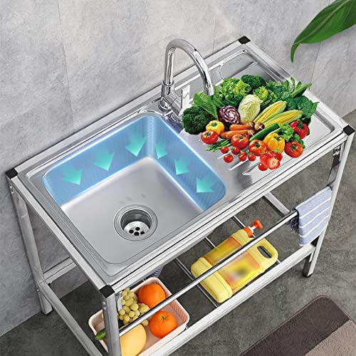 Fregadero de Cocina Comercial con Banco de Trabajo, Fregadero de Acero Inoxidable Independiente Con Agua Fria y Caliente Grifo,para Garaje, Jardín, Cocina, Lavadero (Color : Single cold, Size : With