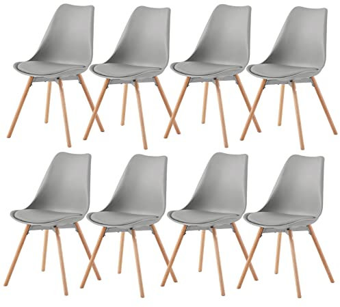 buybyroom Lot de 8 chaises de Salle à Manger rembourrées, chaises de Cuisine, Assise, Dossier, Salon, Salle à Manger, Salle de conférence, avec Bois Massif, Gris