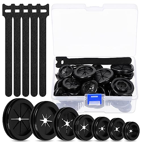 Glarks 61Pcs Firewall Rubber Grommets 7 Size Double Sided Round Drill Hole Rubber Hole Plugs with Reusable Cable Ties for Protecting Cable Wire Hole Plug
