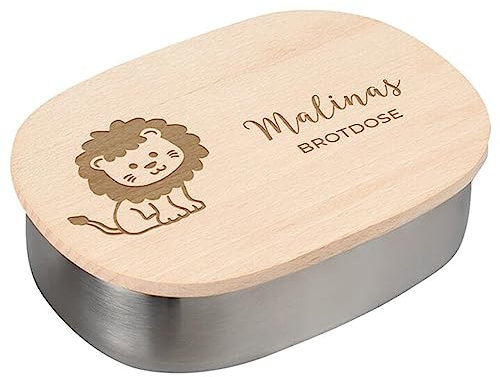 LAUBLUST Brotdose Personalisiert - Edelstahl Lunchbox mit Holzdeckel & Raubtierfütterung Motiv - Geschenk für Kinder