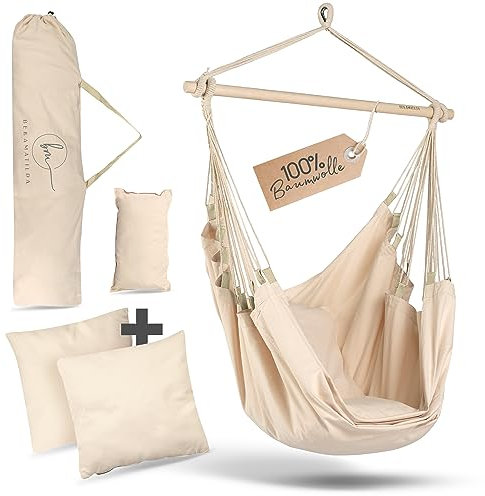 BELLAMATILDA® HÄNGESESSEL 100% Baumwolle | breites Tuch und 3 Kissen | Hängestuhl Outdoor & Indoor | XXL Hängesitz für Erwachsene & Kinder bis 150 kg (Länge 120_x_Breite 160_cm, Ivory Beige)