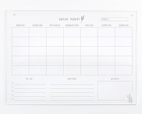 Monatsplaner Unser Monat A3 Acryl | Monatskalender | Wandplaner für den Monat abwischbar | Wandkalender undatiert | To-Do-Liste |Acrylglas (A3)