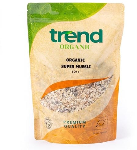 Trend Organic Super Muesli No Added Sugar, Nutrient-Packed Blend with Chopped Dried Fruits, Nuts & Seeds, Perfect for a Wholesome Breakfast, Vegan, Certified Organic, GMO-Free, No Preservatives, 500g