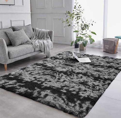 AMEHA Rugs Living Room Large 160x230 cm – Fluffy Shaggy Dark Grey Area Rugs for Bedroom Non-Slip – Modern Super Soft Thick Pile Plush Carpet Non Shedding Easy To Clean Rug, Tye-Dye Grey