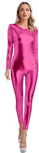 TiaoBug Damen Metallic Gymnastikanzug Slim Fit Stretch Ganzkörperanzug Langarm Overall Jumpsuit Skinny Hose Einteiler Fitness Yoga Outfits Hot Pink XXL