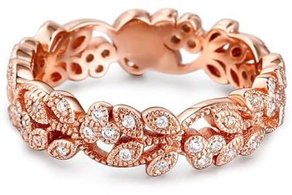 Jeulia Damen Gold Band Ring Wasserfest Vergoldet Verlobungsring Zirkonia Bandring Geometrisch Fingerring Sterlingsilber Blumenring für Frauen Versprechnung Hochzeit Geburtstag Geschenk
