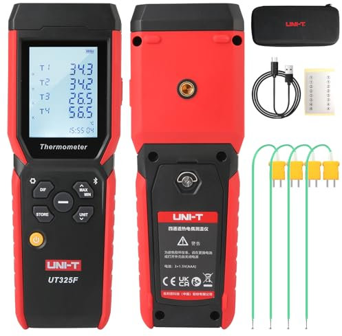 UNI-T UT325F Thermomètre numérique à 4 canaux avec enregistreur de température de type J/T/E/R/S/N/K Bluetooth haute précision