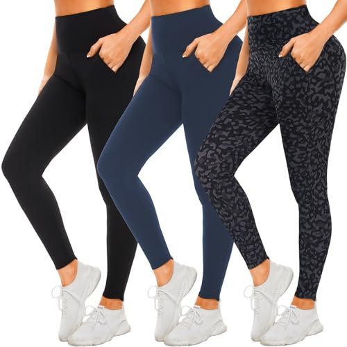 MOREFEEL 3er Pack Leggings Damen mit Tasche High Waist Leggins Elastische Blickdicht Leggings Sportleggins für Yoga Fitness Gym(Schwarz+Navy blau+Schwarzer Leopard L-XL)