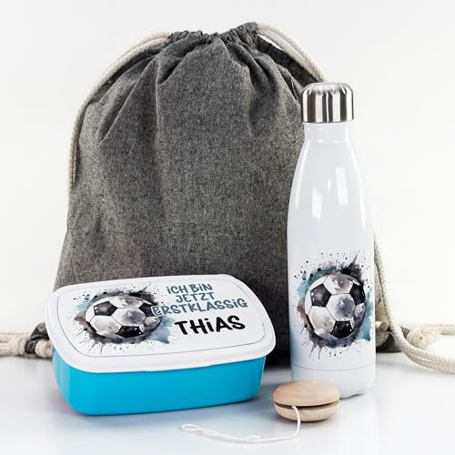 GRAZDesign Fussball Trinkflasche mit Brotdose Fußballer Set mit Namen personalisiert Schule Sportbeutel