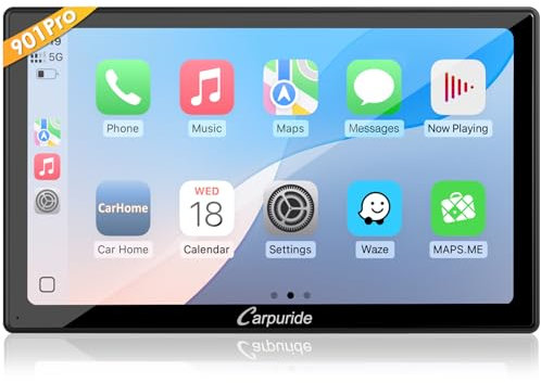 CARPURIDE W901 Pro Carplay Portátil y Android Auto con Bluetooth Dual, Pantalla Táctil de 9 Pulgadas 1080P para Automóvil, Mirror Link/GPS/Siri/FM, Soporte para Montaje en Tablero de Camión