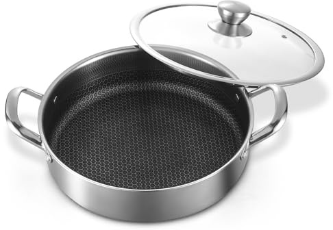 Toutrop Edelstahl-Sautépfanne, 30,5 cm, tiefe Bratpfanne, 5 Quarts Antihaft-Pfanne, große Schmorpfanne mit Deckel, PFOA-freies Kochgeschirr, induktionsgeeignet, spülmaschinen- und ofenfest