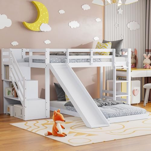 fortuna Lai Etagenbett 90x200 cm für 2 Kinder, Hochbett Hausbett mit Treppe Stauraum, Rutsche, Holzbett mit Gitter, Rausfallschutz & Lattenrost aus Massivholz, Weiß (90x200cm-C)