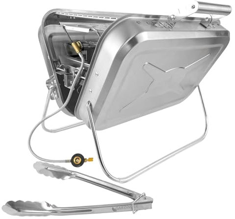GARDINGER BBQ 45 mobiler Koffergrill aus Edelstahl für Gaskartuschen | Klappbarer Camping-Grill für Picknick Outdoor mit Edelstahlgrillzange | 44,5x30x11,3 cm