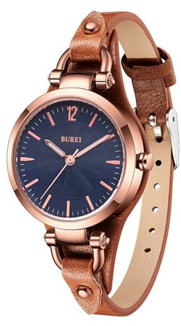 BUREI Uhr Demen Elegante Lederarmband Armbanduhr Damen Klassisch Analog Quarz Damenuhr Geschenke für Frauen(blau braun)