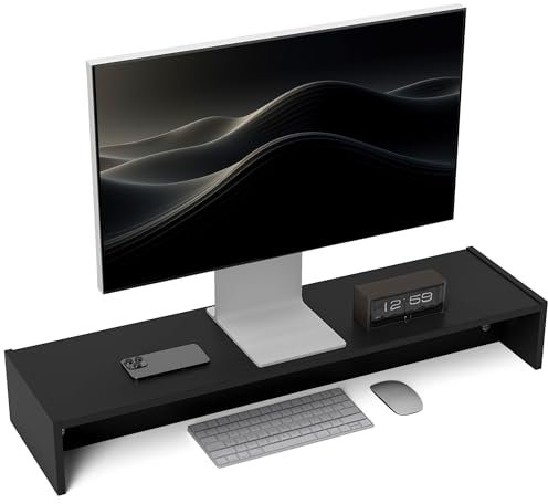 HOMCOM Supporto per Monitor PC con 2 Vani Contenitore, Porta Monitor da Scrivania in Legno, per Laptop e Computer, Portata Fino a 16Kg, 100x27x15 cm, Nero