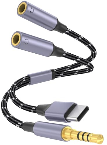 DCNETWORK Splitter per cuffie USB-C, cavo di prolunga audio stereo in nylon intrecciato, splitter a Y 2 in 1 USB-C e 3,5 mm maschio a 2 porte femmina da 3,5 mm per telefono, PS4, interruttore, tablet