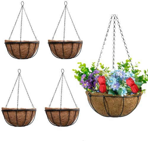 Naisfei 4 cestas colgantes de jardín de 20 cm y forro de coco, macetas colgantes redondas ideales para el crecimiento de plantas y flores, para jardín, porche, balcón, patio, decoración de flores