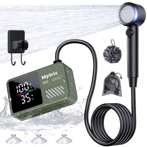 Mytrix Portable Shower for Camping, Powerful 10L/Min Water Flow, Rechargeable Shower Pump with Bath Sponge, 4 Spray Modes, IPX8 Waterproof, 7800mAh Battery, Ideal for Hiking, Travel, Car Wash, Pet