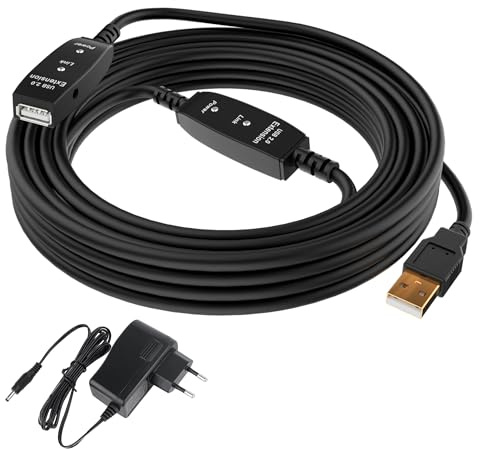 Mygatti Rallonge actif USB 2.0 Câble 20m,mâle A vers femelle A,avec 2 amplificateur de signal et indicateur travail LED,Interface DC (y compris alimentation DC),pour PC,Ordinateur,Imprimante,Scanner