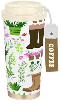 RPLIFE Coffee Travel Mug 16+ Oz with Ceramic Coating, Stainless Steel Coffee Tumbler with Straw and Filp Lid, Vacuum Insulated Cup, Plants Pink Green