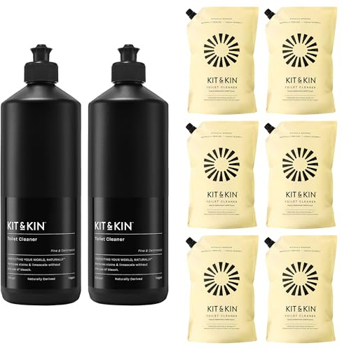 Kit & Kin Eco Toilet Cleaner 2 x 1L Bottles + 6 Refills | Non-toxic Bleach Alternative | Removes Limescale and Kills Bacteria | 100% Naturally Derived | No Harsh Chemicals | Made in UK